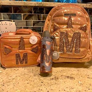 Justice Rosegold Quilted Unicorn Initial “M Backpack Lunch Tote& Water Bottle